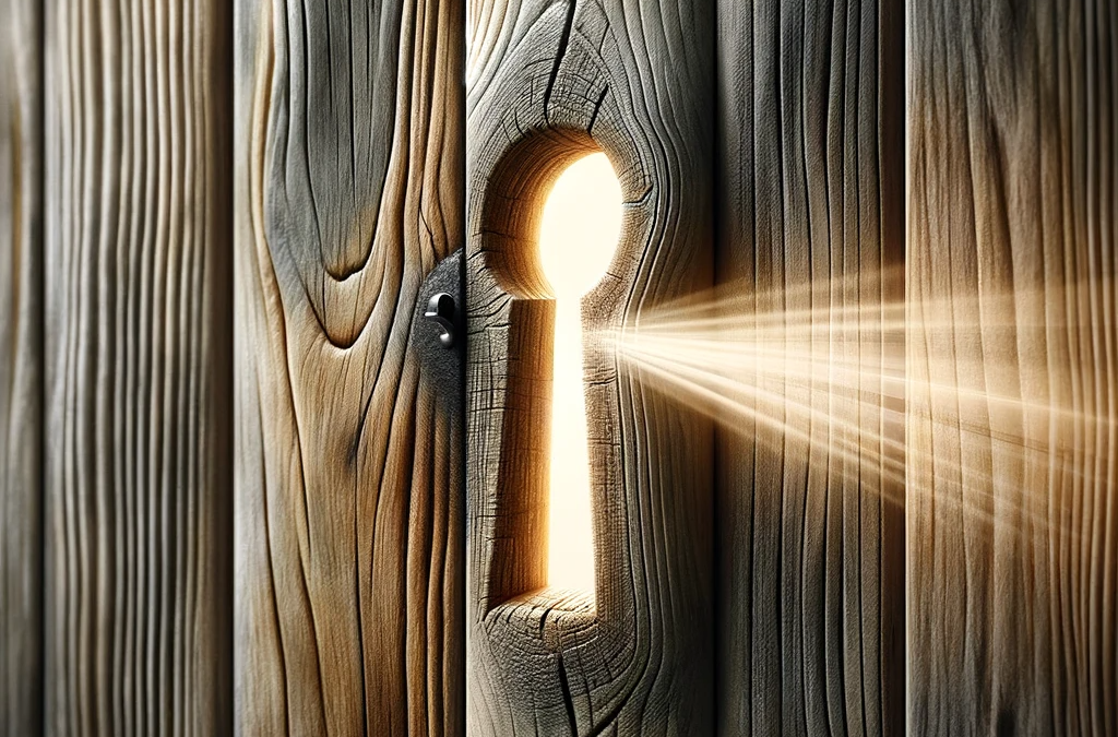 door with bright light shining through keyhole.