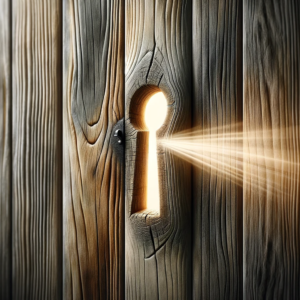 door with bright light shining through keyhole.